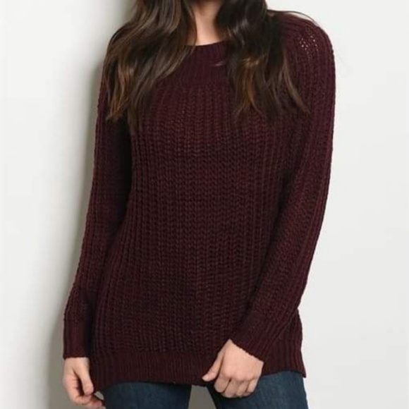 Slashed Distressed Back Knit Sweater (MERLOT) - Picture 2 of 4